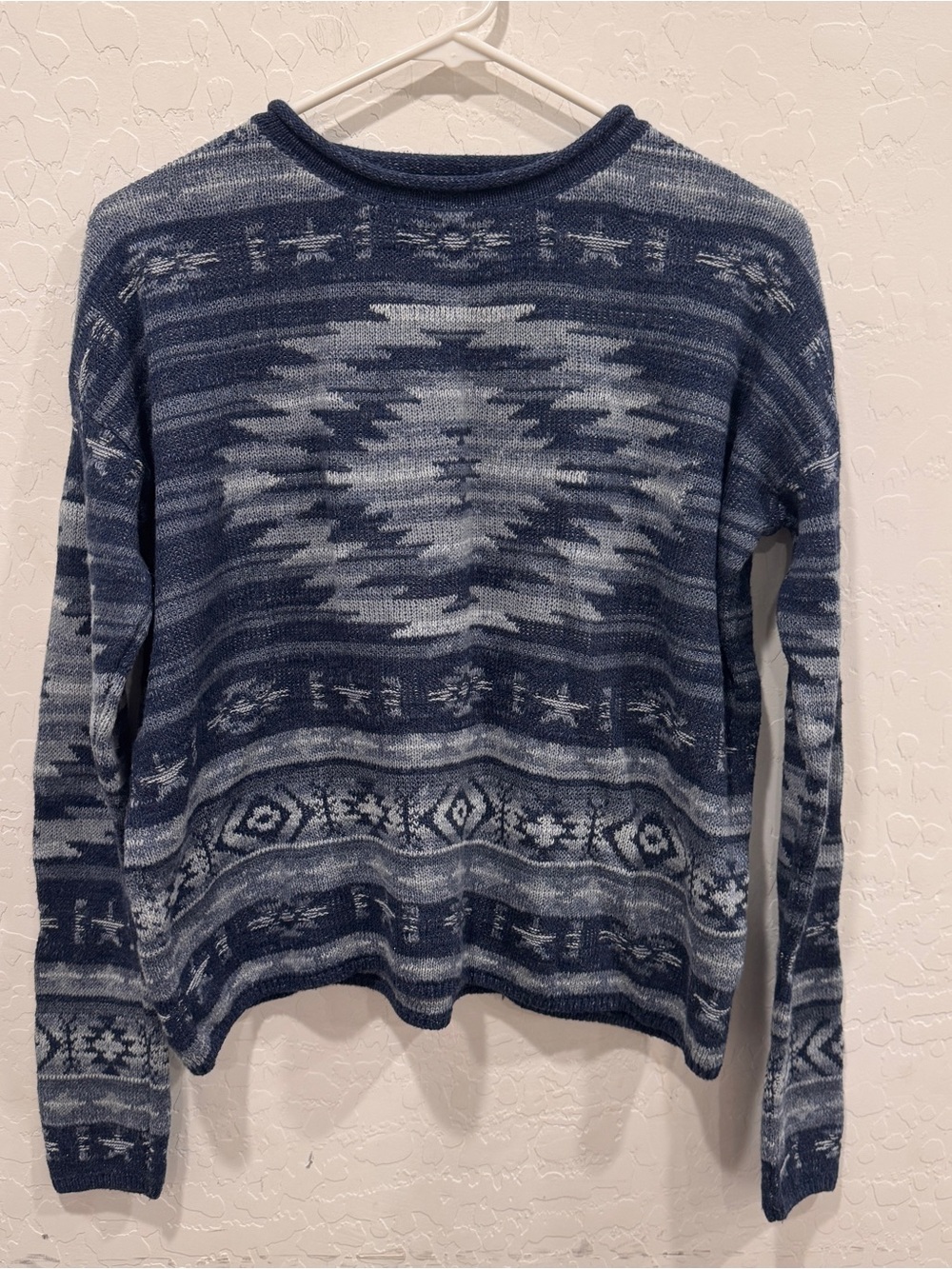 Polo Ralph Lauren Womens Medium Blue Aztec Pattern Cotton Linen Sweater